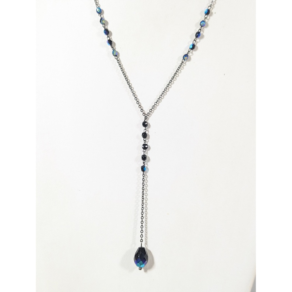 Black AB Glass Y Drop Necklace Gray Gunmetal Whimsigoth Gothic 24"